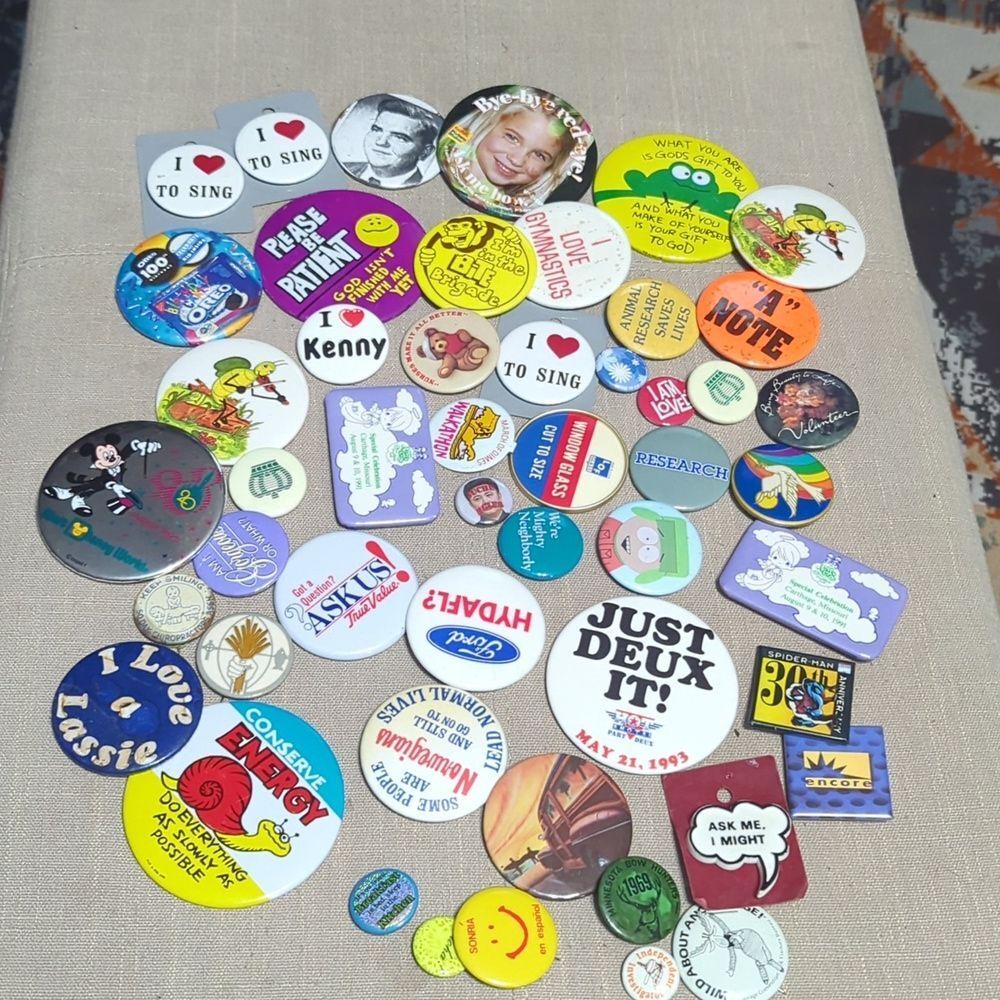 VINTAGE ASSORTED advertising PINS/ Flare/ buttons Gen X - LOT OF 50